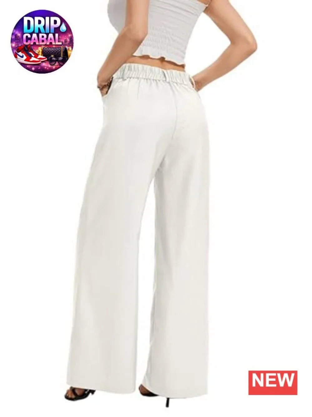 Wide Leg High Waist Work Pants Back Elastic Waistband with Pockets
